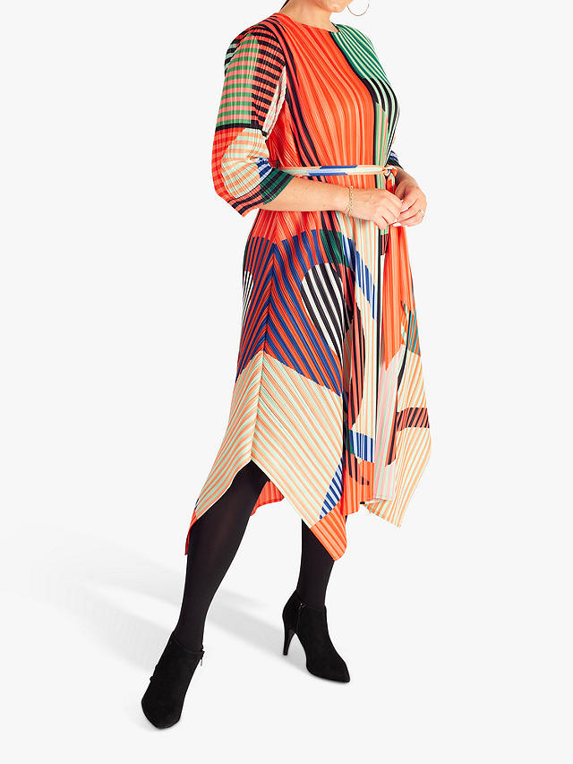 chesca Plissé Striped Midi Dress, Orange/Multi