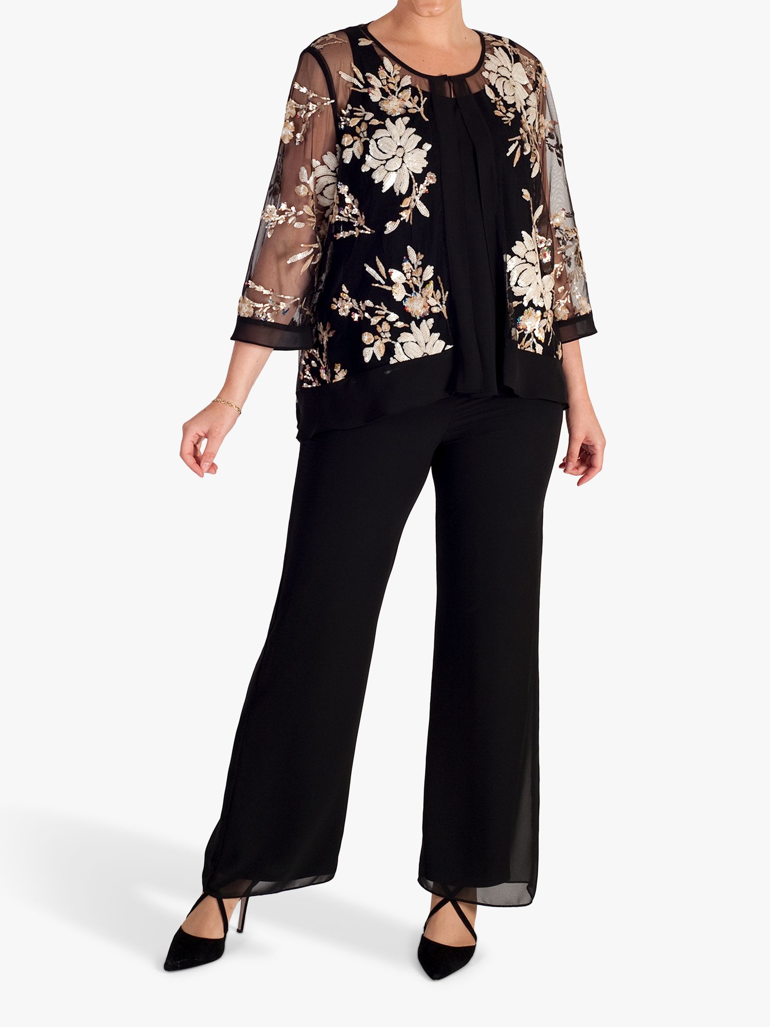 chesca Embroidered Sequin Mesh Jacket, Black at John Lewis & Partners