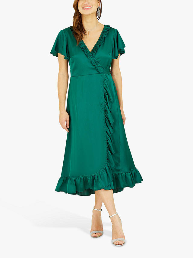 Mela London Frill Detail Midi Wrap Dress, Emerald Green at John Lewis ...