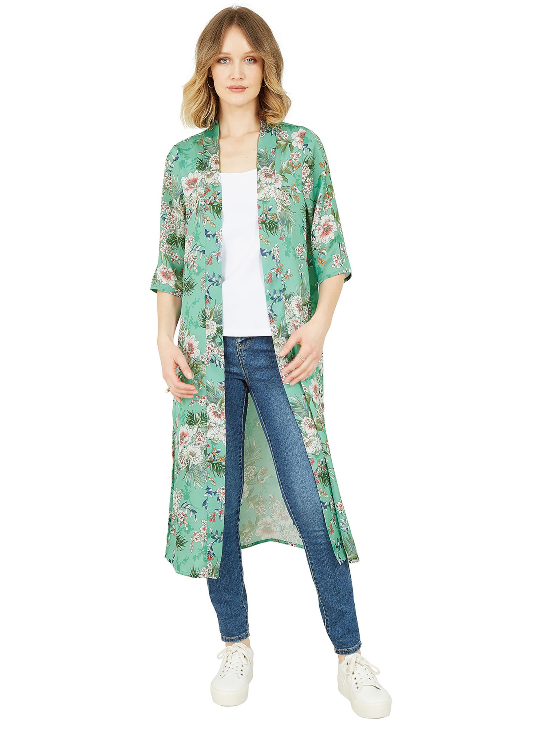 Yumi Tropical Palm Print Longline Kimono Jacket, Green/Multi at John ...