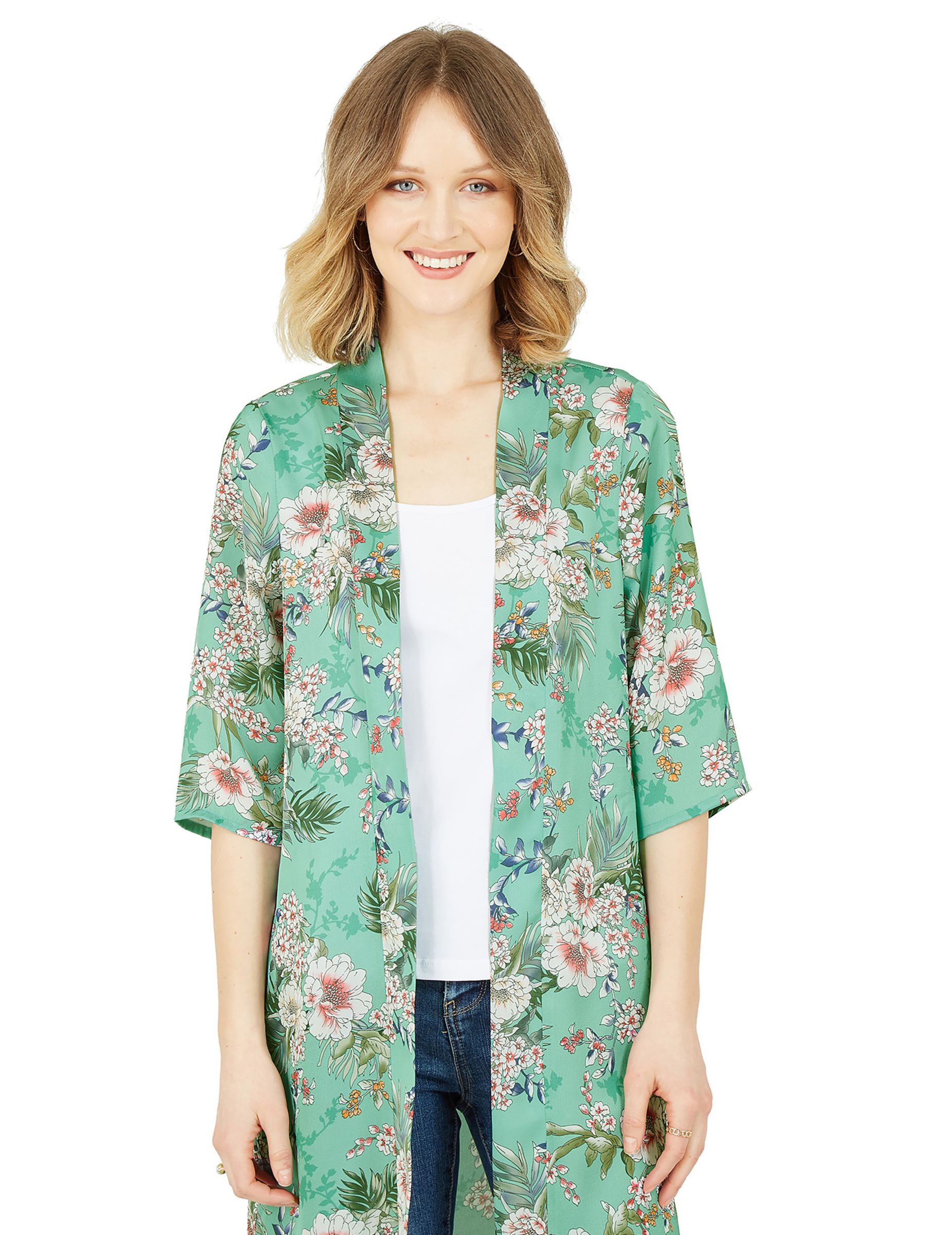 Yumi Tropical Palm Print Longline Kimono Jacket, Green/Multi