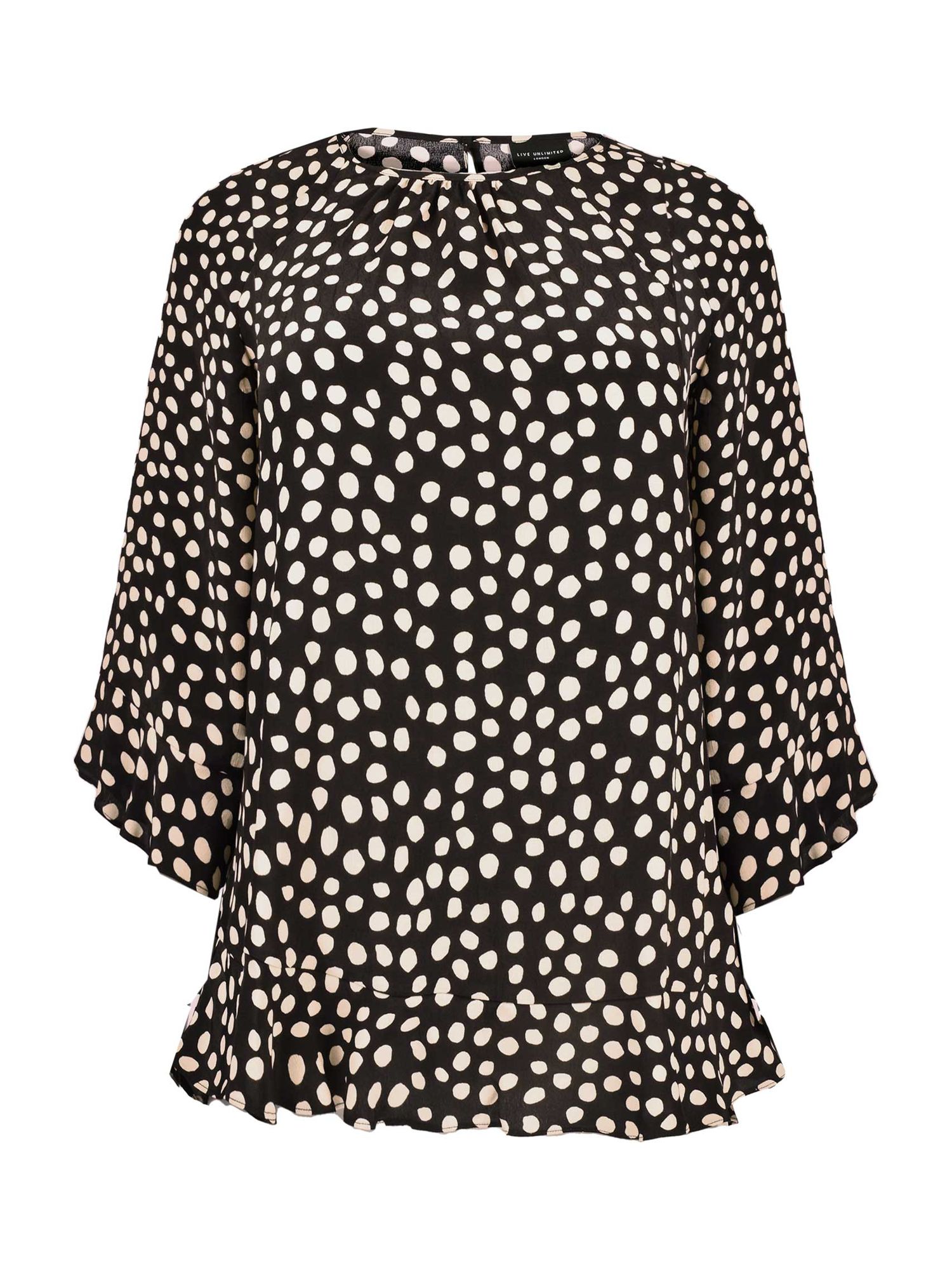 Live Unlimited Polka Dot Frill Detailing Top, Black/Ivory at John Lewis