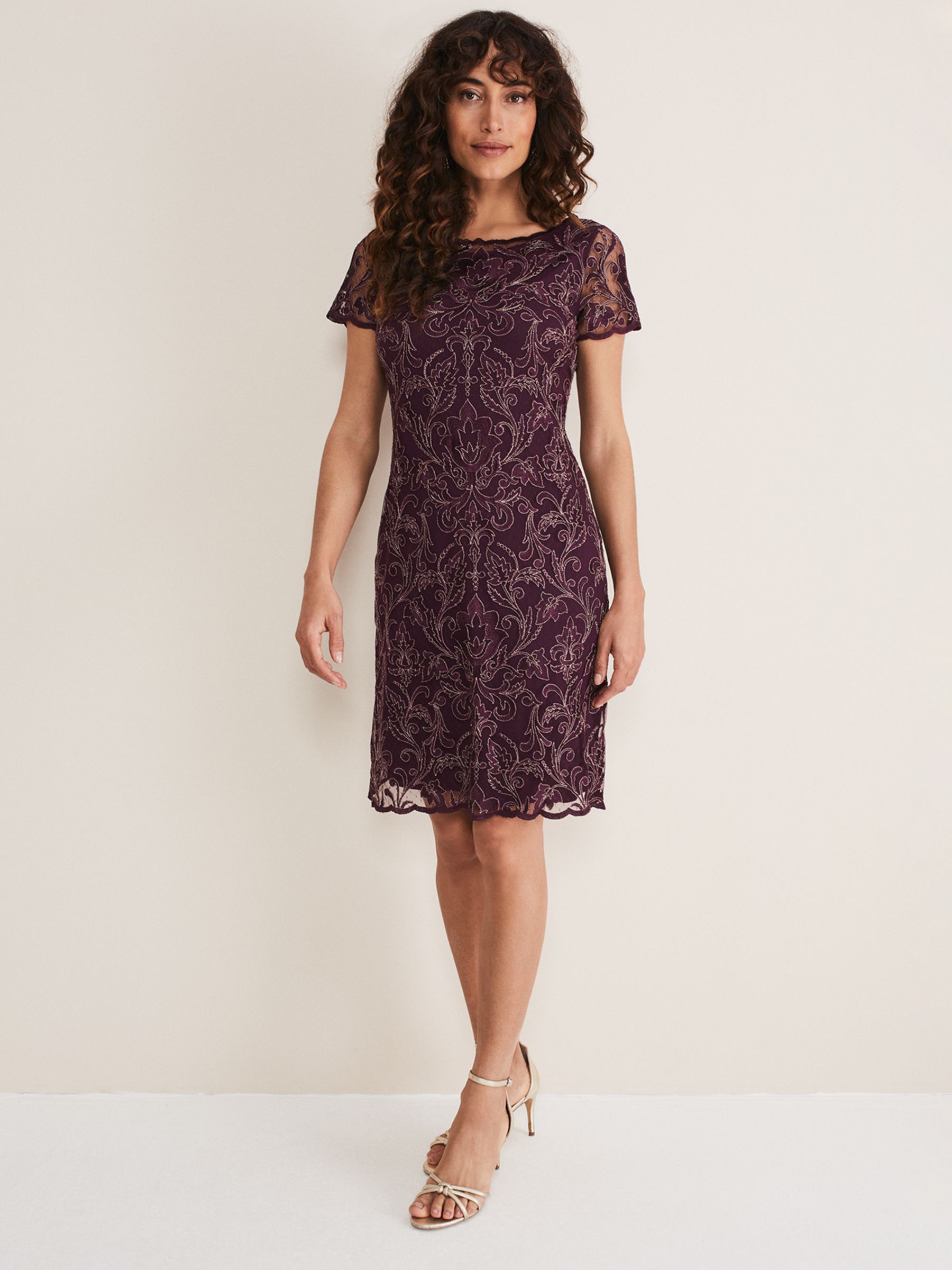 Phase Eight Heather Embroidered Shift Dress, Plum at John Lewis & Partners