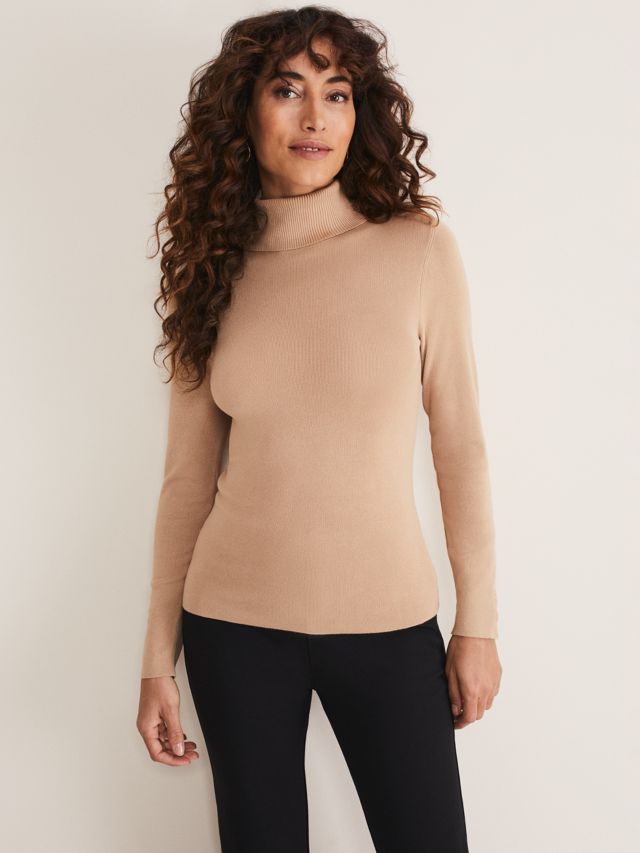 Camel Fine Knit High Neck Button Sleeve Jumper