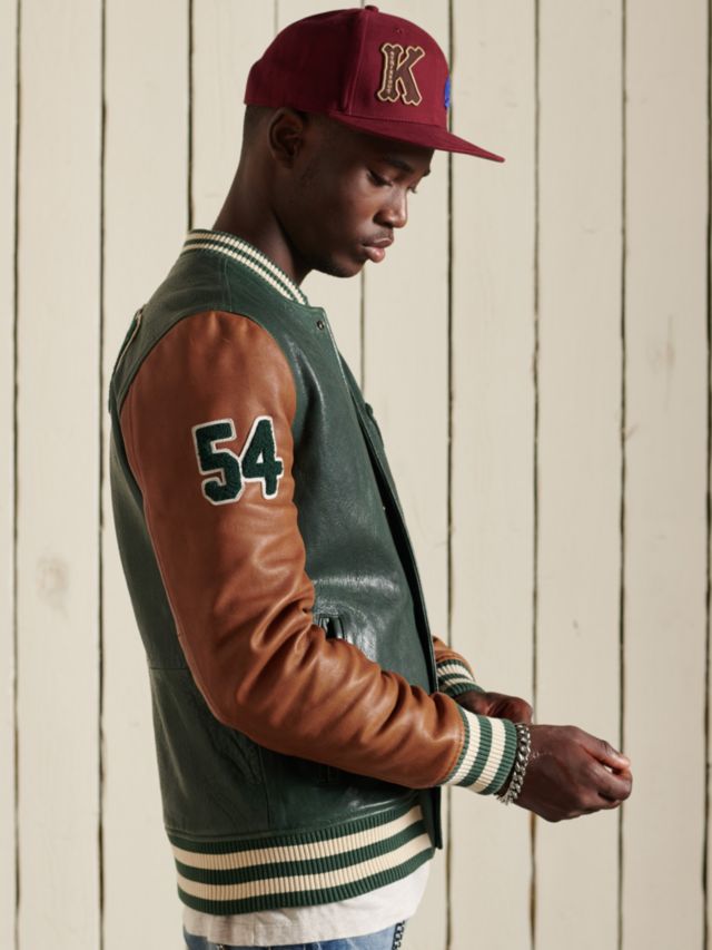Bomber Superdry S Green/Tan, Forest Leather Jacket, Premium Varsity
