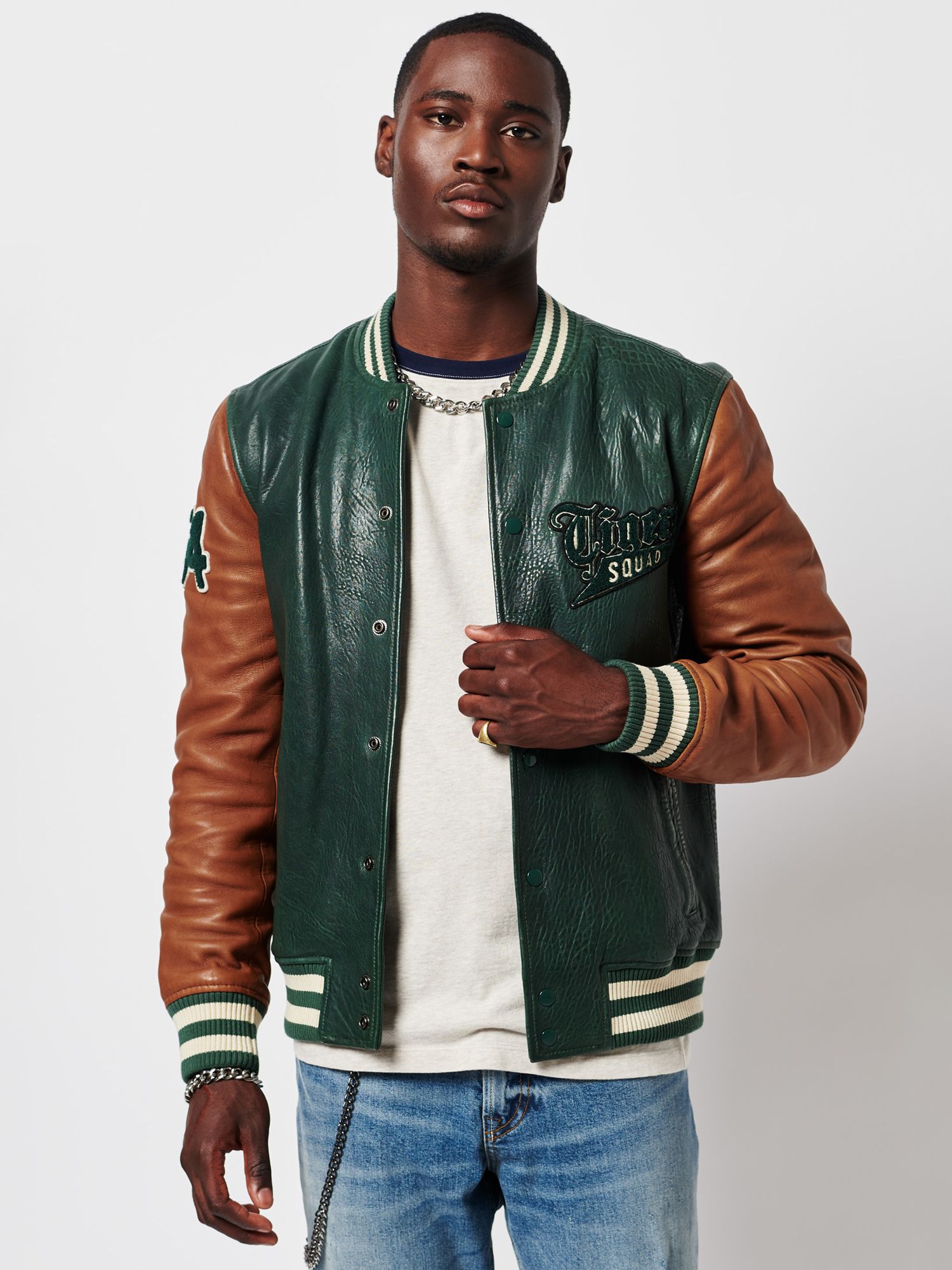 Superdry Varsity Premium Leather Bomber Jacket, Forest Green/Tan at ...