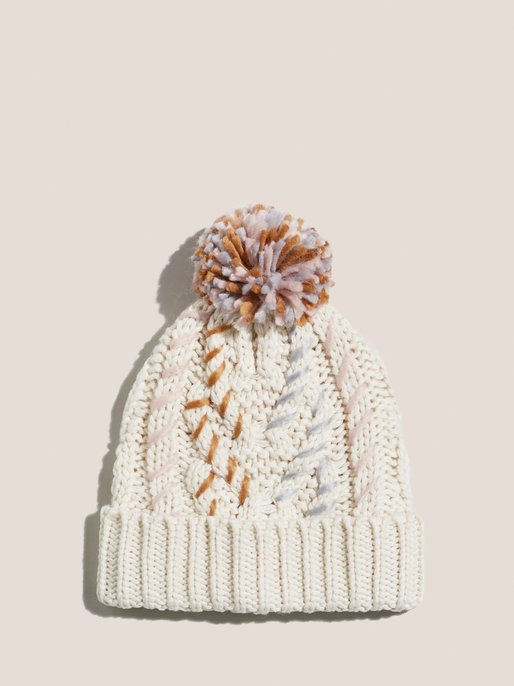 White Stuff Heart Cable Knit Stitch Hat, Natural/Multi, One Size