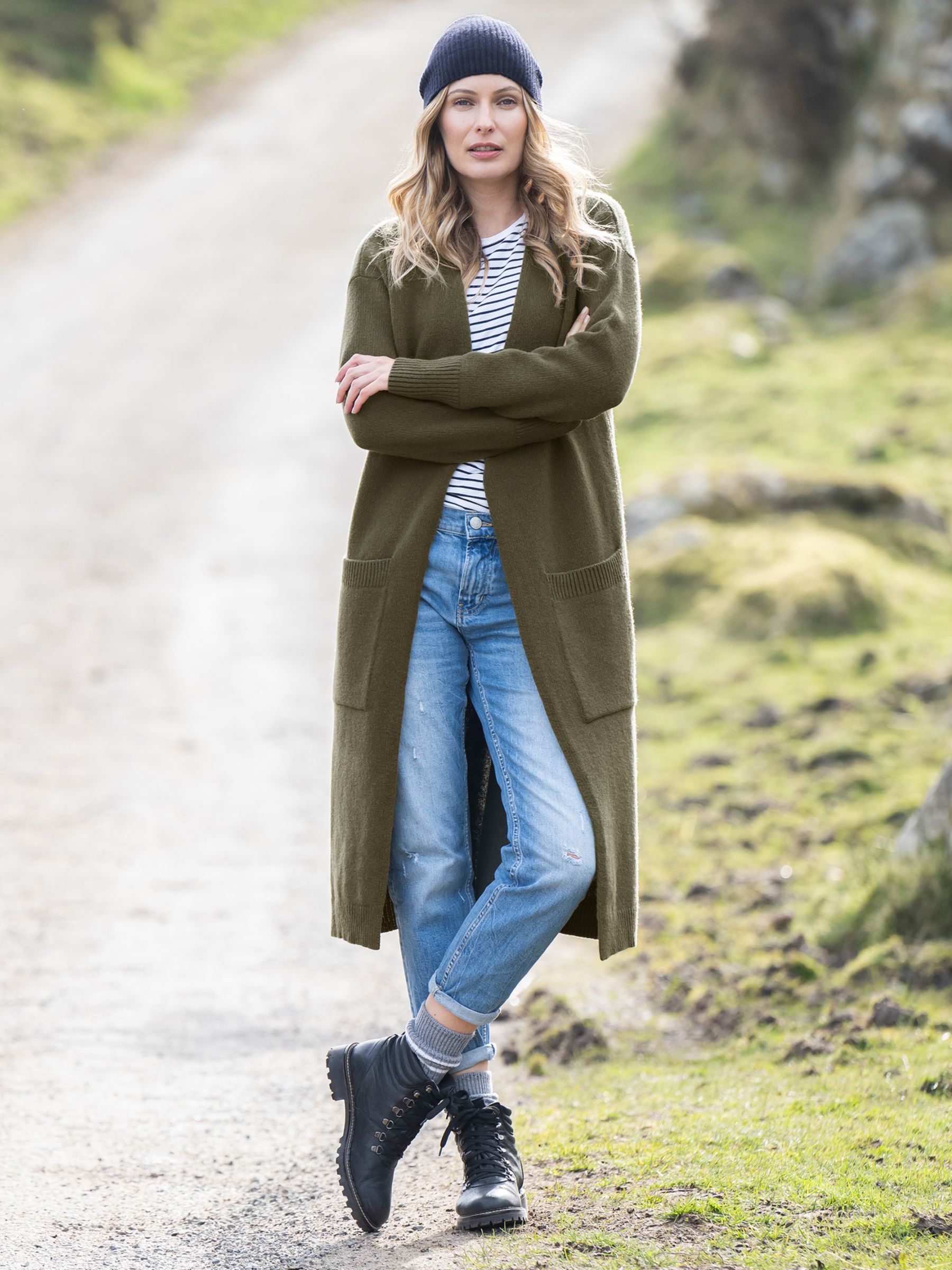 Celtic & Co. Felted Longline Cardigan, Olive at John Lewis & Partners