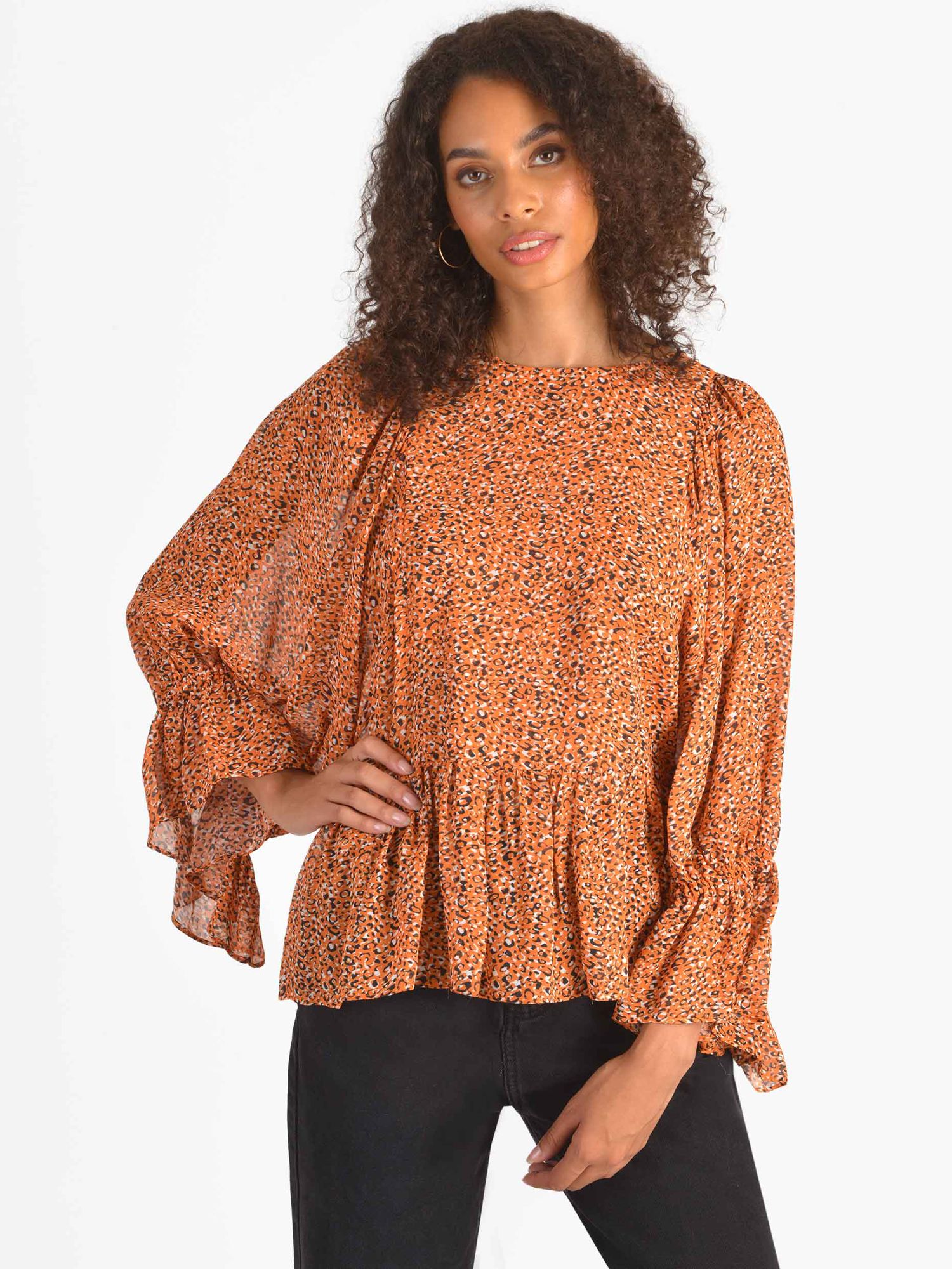 Ro&Zo Dotty Print Blouson Sleeve Top, Orange/Multi, 18