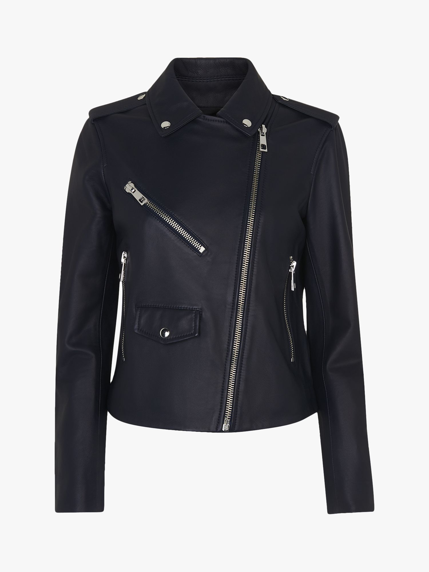 Whistles Agnes Pocket Leather Jacket, Navy at John Lewis & Partners
