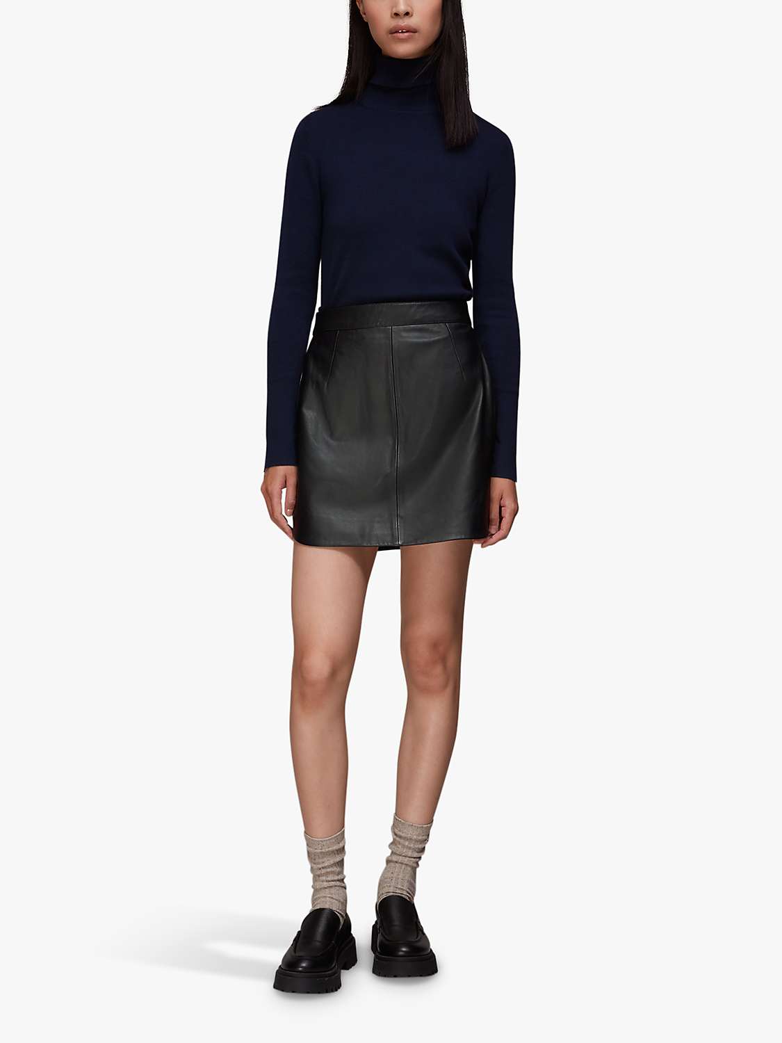 Buy Whistles Leather Curved Hem Mini Skirt, Black Online at johnlewis.com
