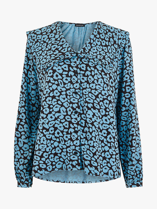 Whistles Fuzzy Leopard Print Collar Blouse, Blue/Multi