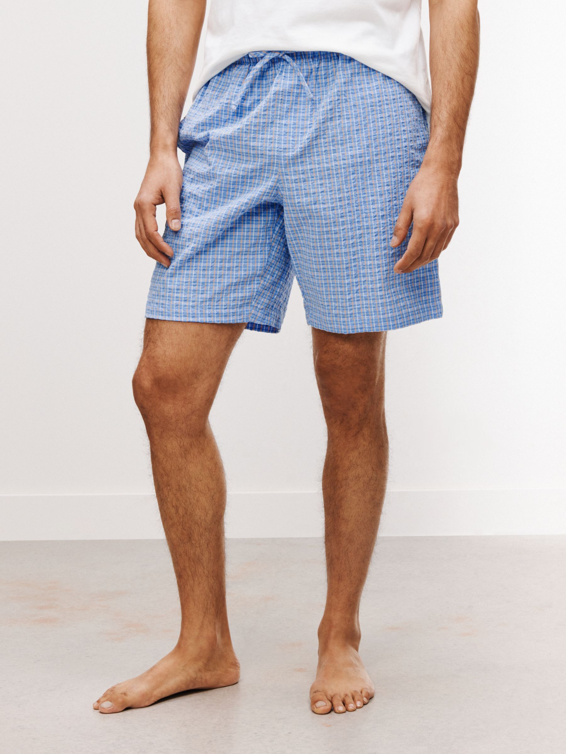 John Lewis Organic Cotton Seersucker Check Pyjama Shorts, Light Blue