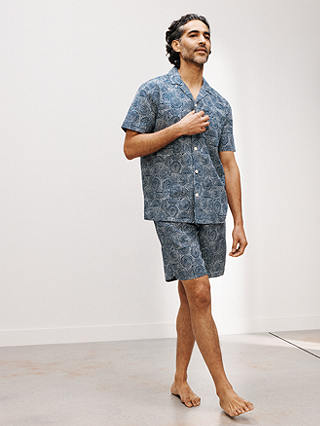 John Lewis Linen Organic Cotton Blend Short Sleeve Swirl Print Pyjama Set, Navy Swirl
