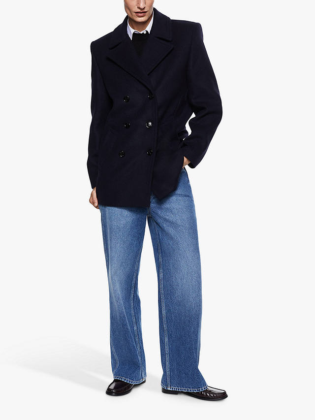 Mango Violin Double Breasted Wool Blend Coat, Navy