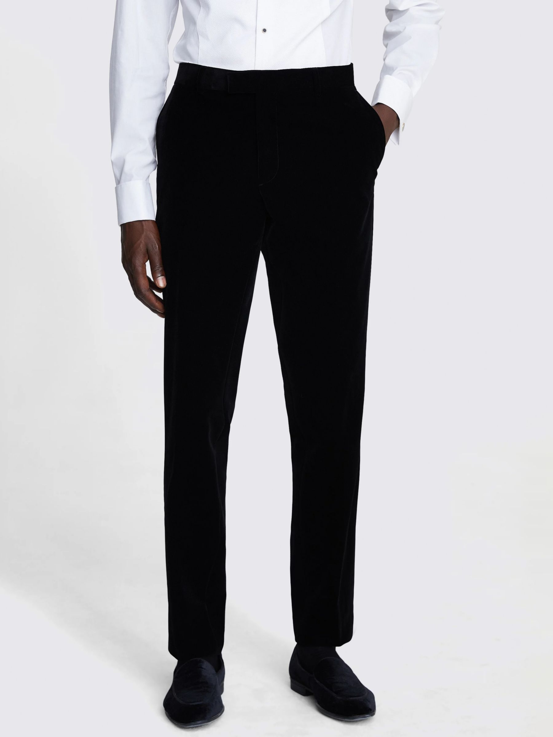 Moss Slim Fit Velvet Dress Trousers, Black at John Lewis & Partners