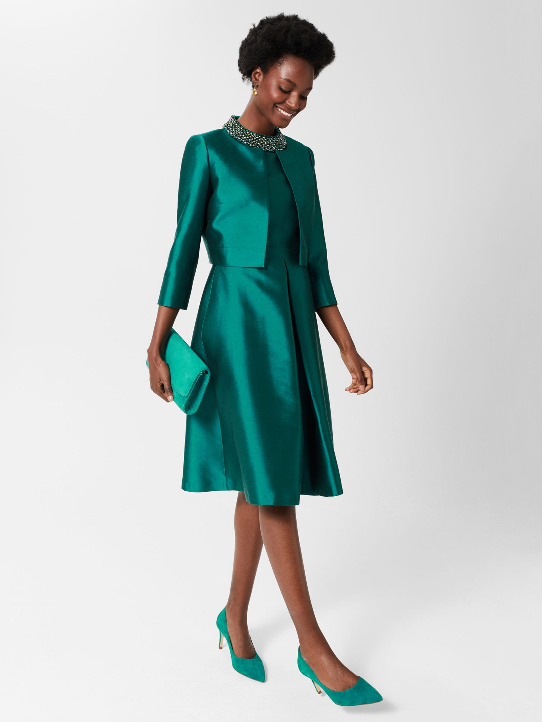 Hobbs Christie Embellished Neck Dress, Jewel Green at John Lewis & Partners