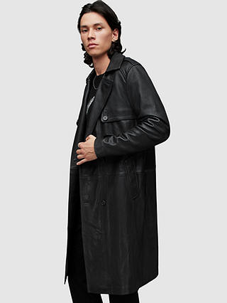 AllSaints Oken Leather Trench Coat, Black at John Lewis & Partners