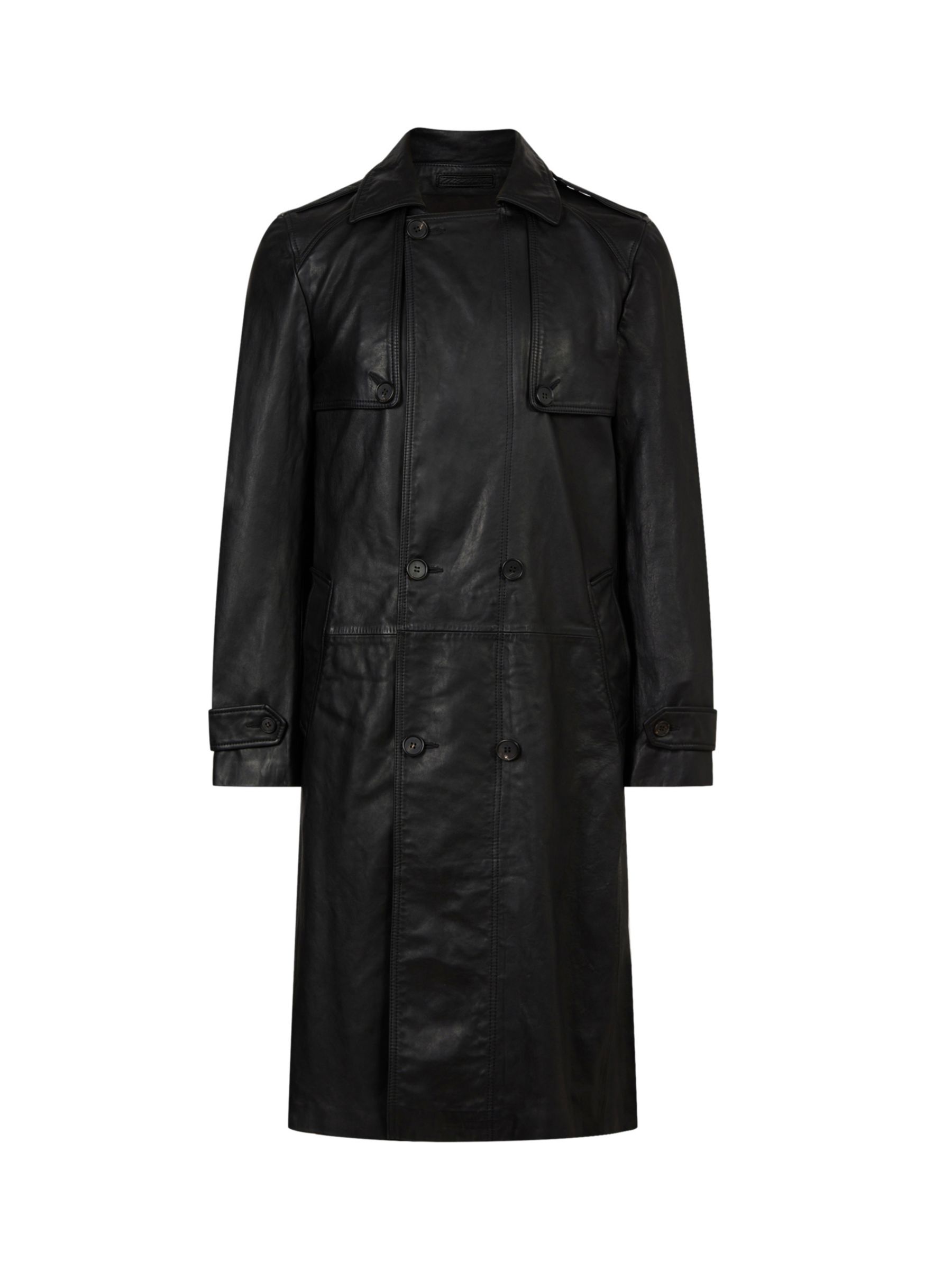 AllSaints Oken Leather Trench Coat, Black, XS