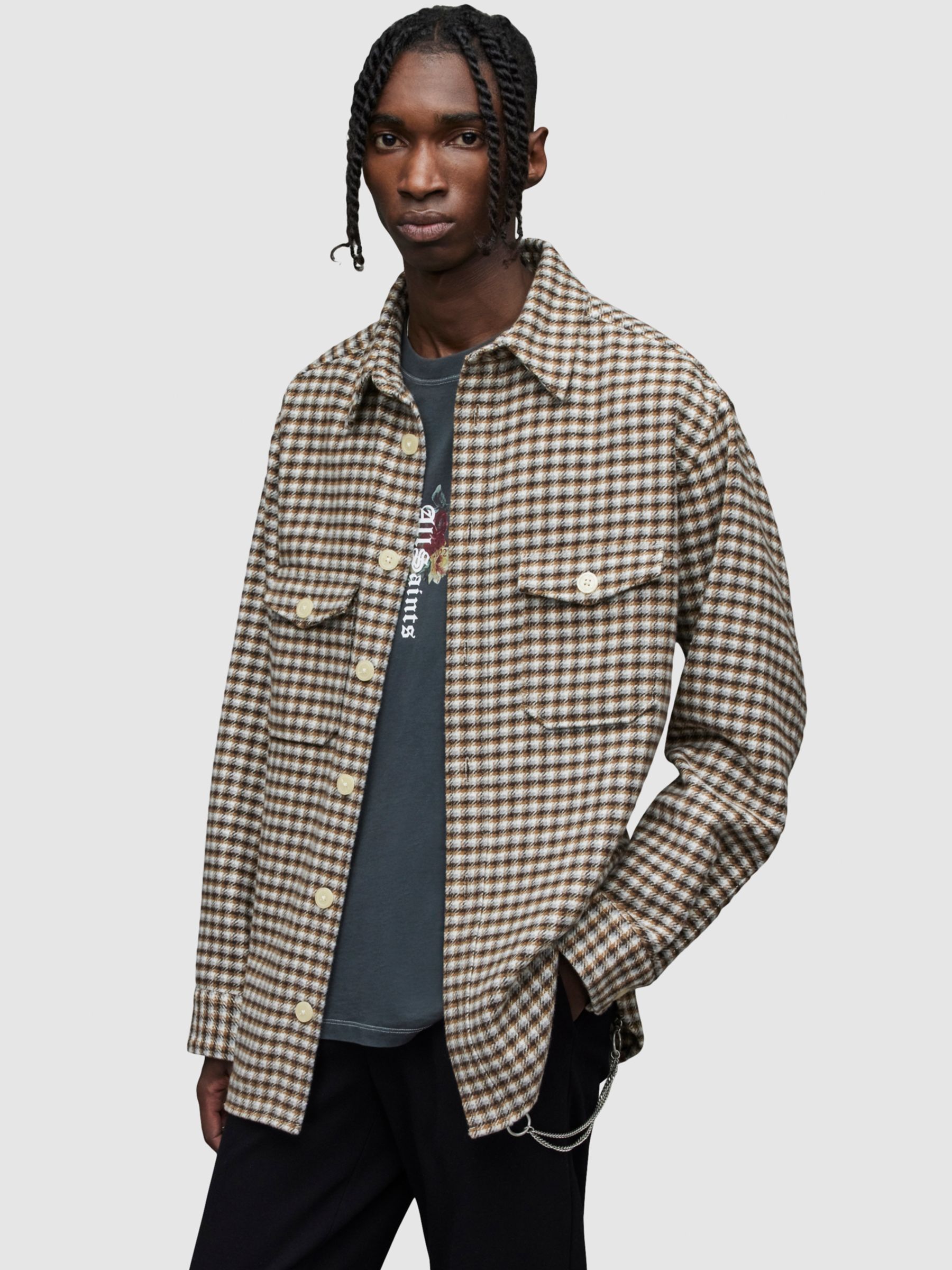 AllSaints Edenwald Checked Overshirt, Ecru