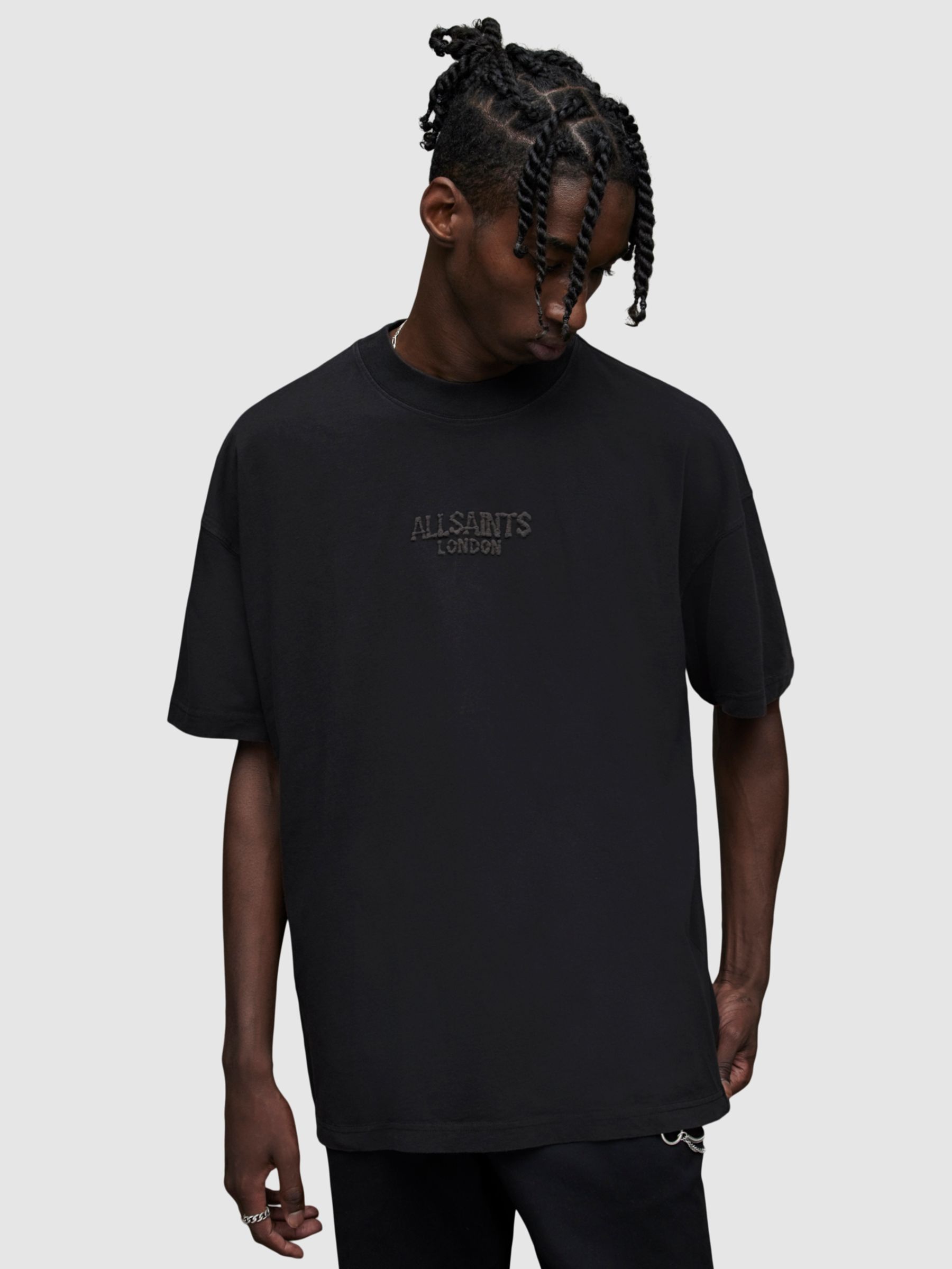 AllSaints Bones Textured Logo Oversized T-Shirt, Washed Black at John ...