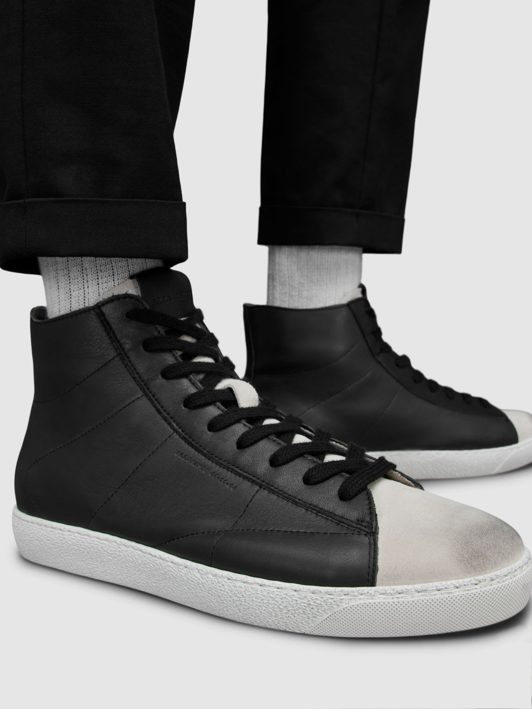 AllSaints Tundy Logo Leather Hi-Top Trainers, Black/White at John Lewis ...
