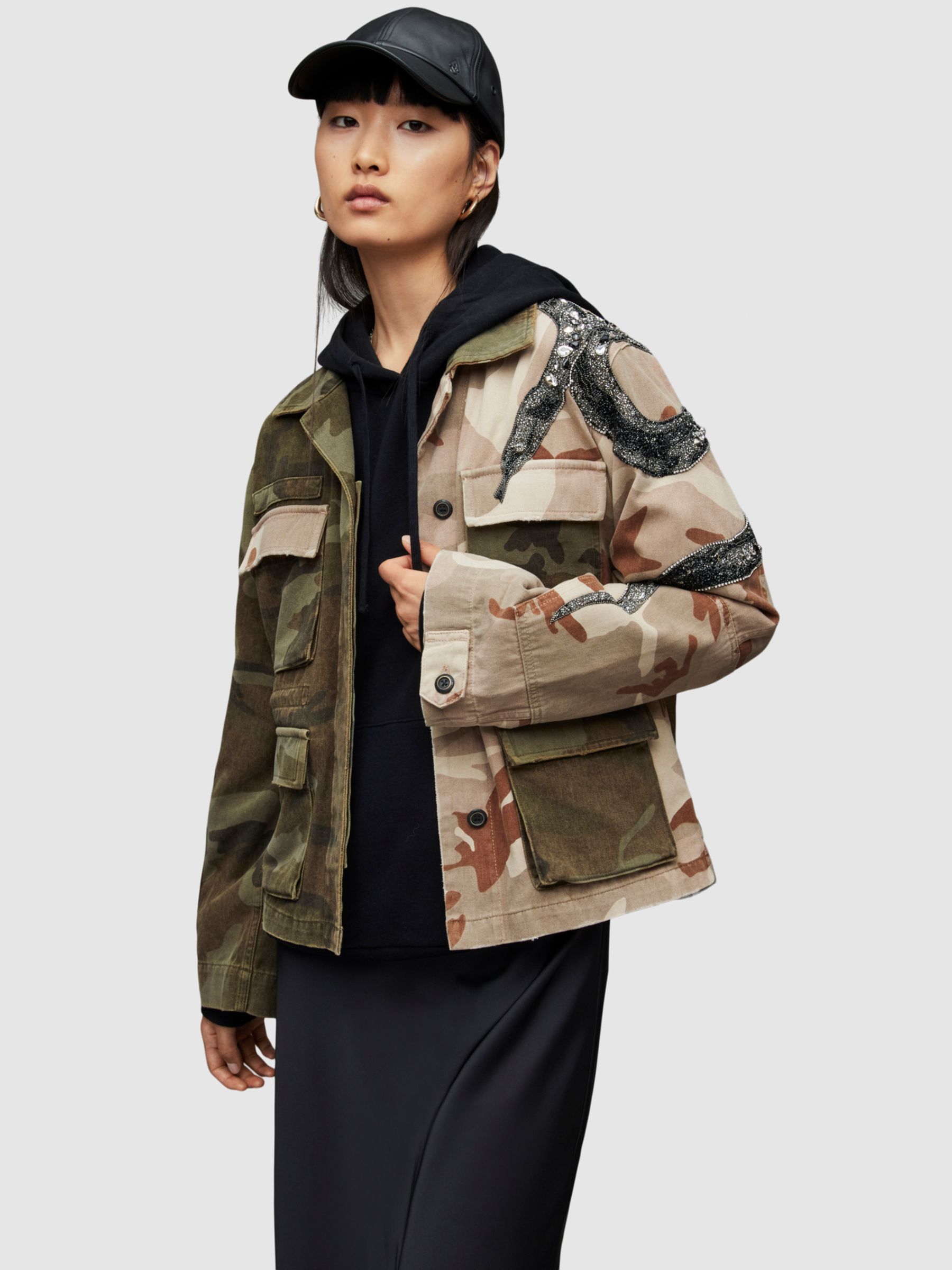 AllSaints Finch Camouflage Jacket, Green at John Lewis & Partners
