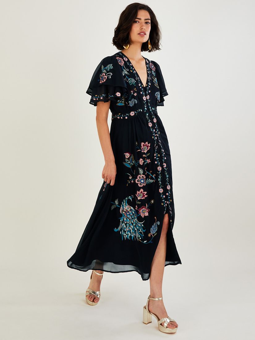 Monsoon Triss Floral Embroidered Midi Dress, Black/Multi