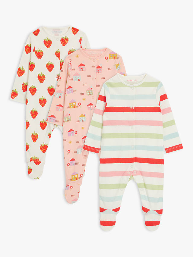 John Lewis ANYDAY Baby Strawberry Houses Mix Sleepsuit, Pack of 3