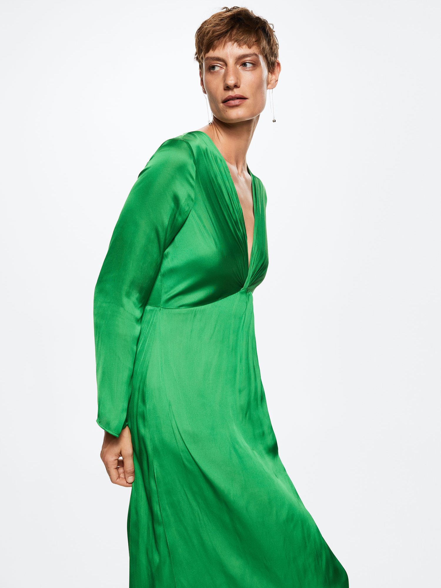 Mango Plunge Neck Midi Dress, Green at John Lewis & Partners