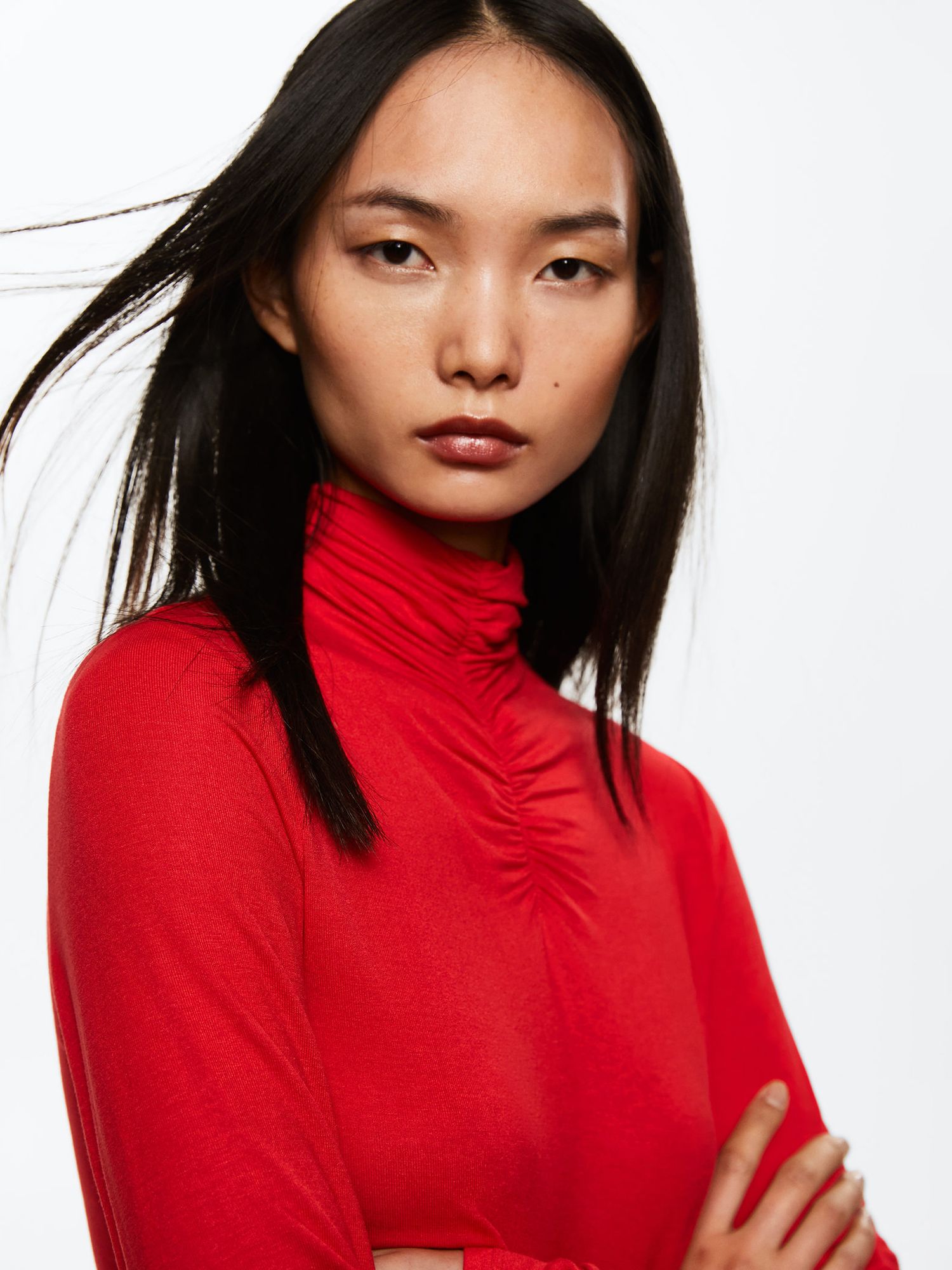 Mango Ruched Roll Neck Jersey Top, Red at John Lewis & Partners