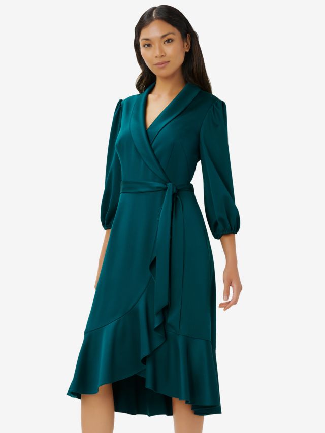 Adrianna Papell Satin Crepe Wrap Midi Dress, Dark Jade, 12