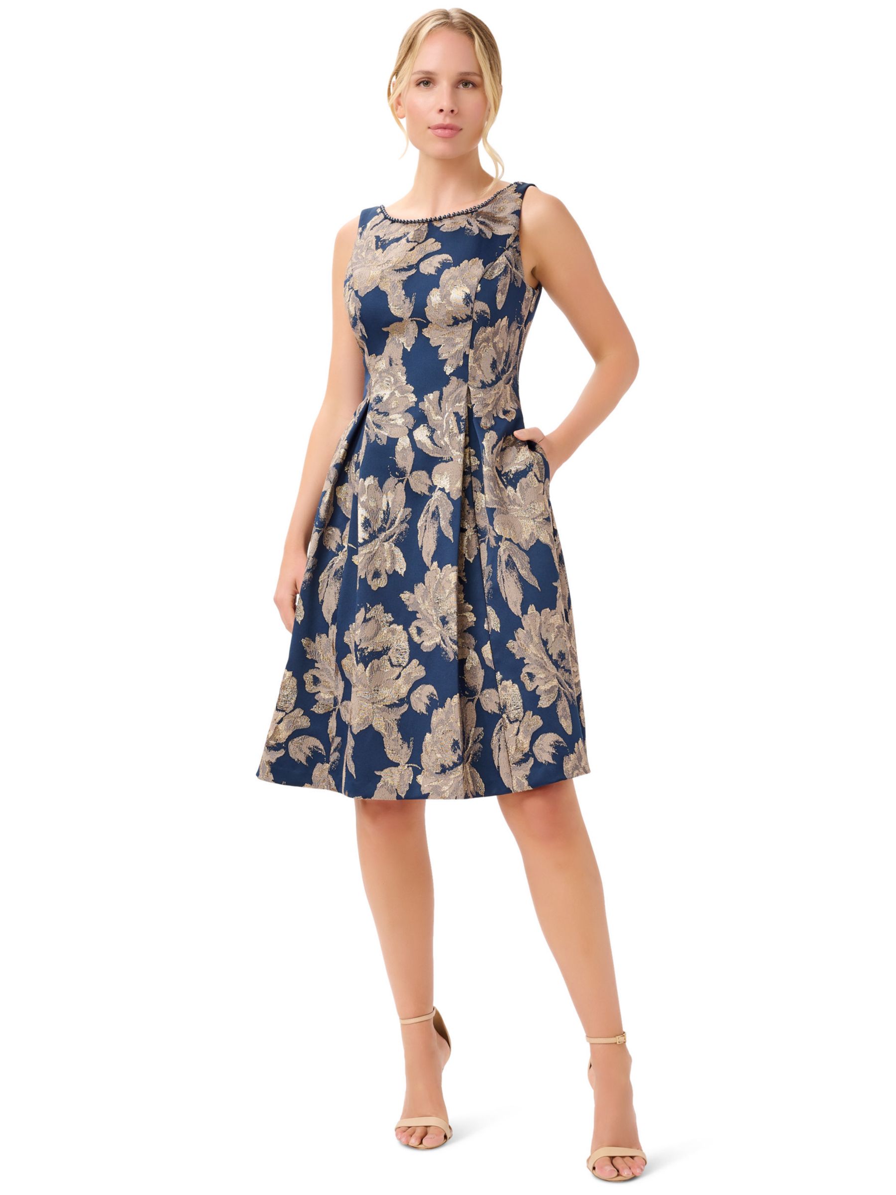 Adrianna Papell Metallic Jacquard Sleeveless Dress, Navy, 14