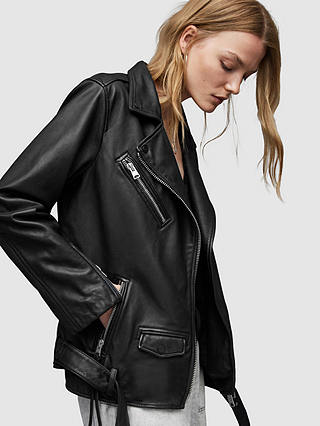AllSaints Billie Leather Biker Jacket, Black/Black Studs