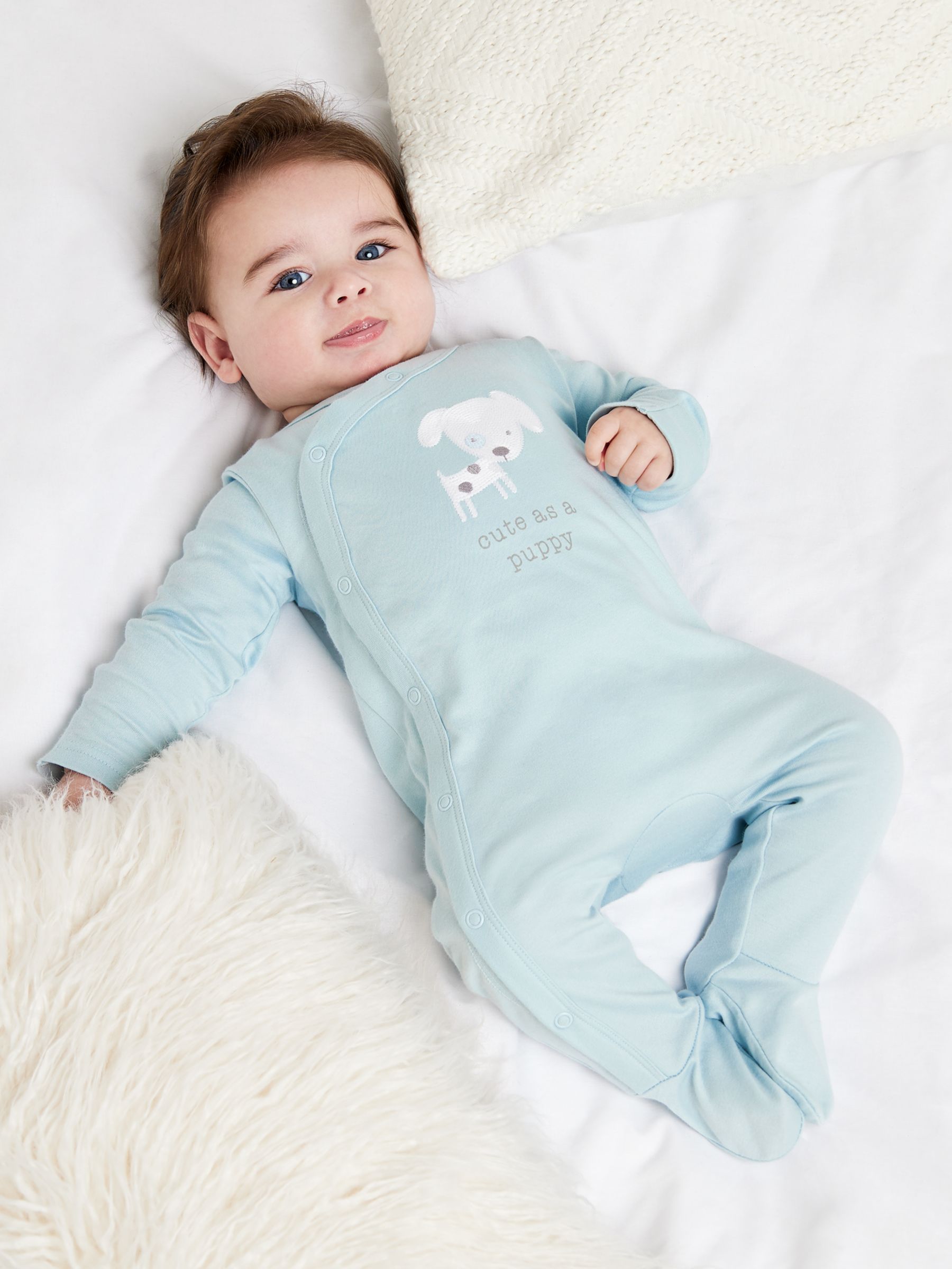 Mini Cuddles Baby Cute as a Puppy Sleepsuit, Blue Puppy at John Lewis ...