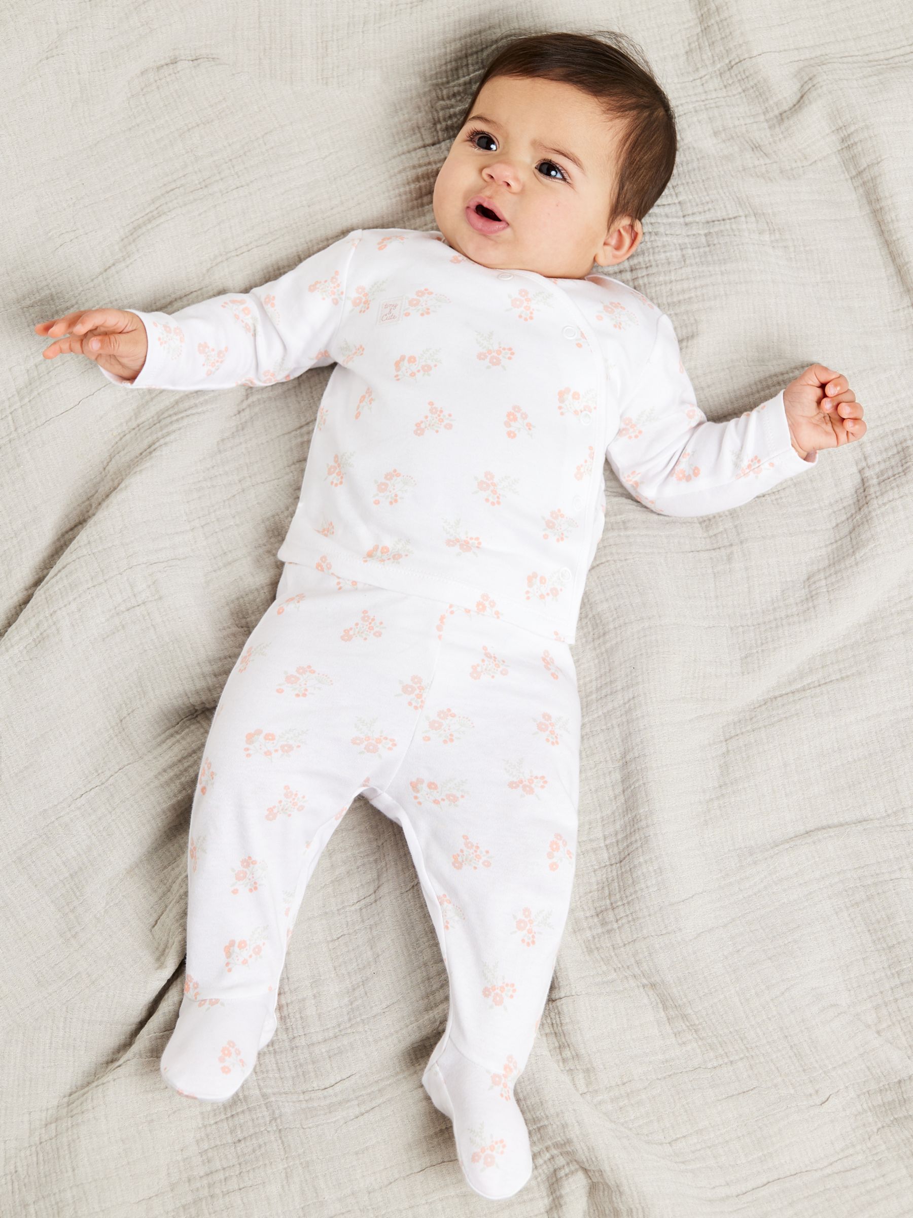 Mini Cuddles Baby Floral Applique Sleepsuits, Hat & Gloves Set, White/Pink, Newborn