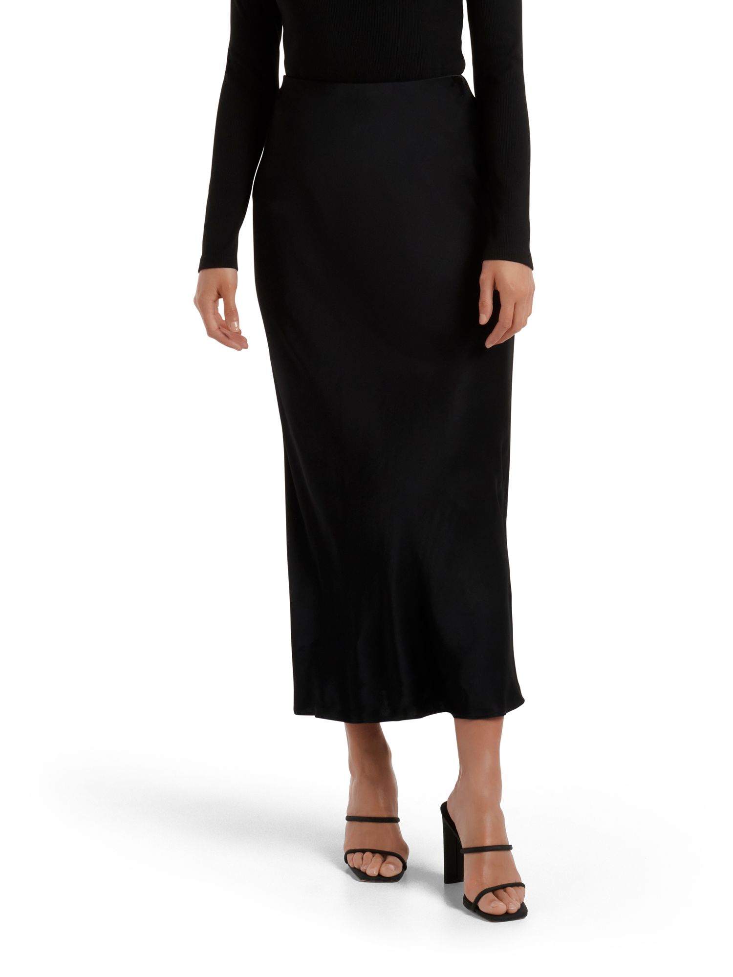 Forever New Portia Bias Satin Midi Skirt, Black at John Lewis & Partners