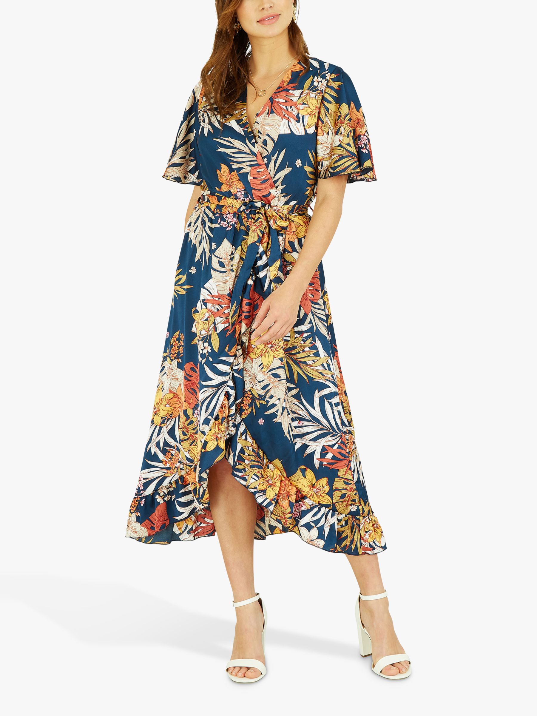 Mela London Leaf Print Satin Midi Wrap Dress, Navy/Multi