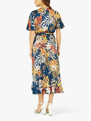 Mela London Leaf Print Satin Midi Wrap Dress, Navy/Multi