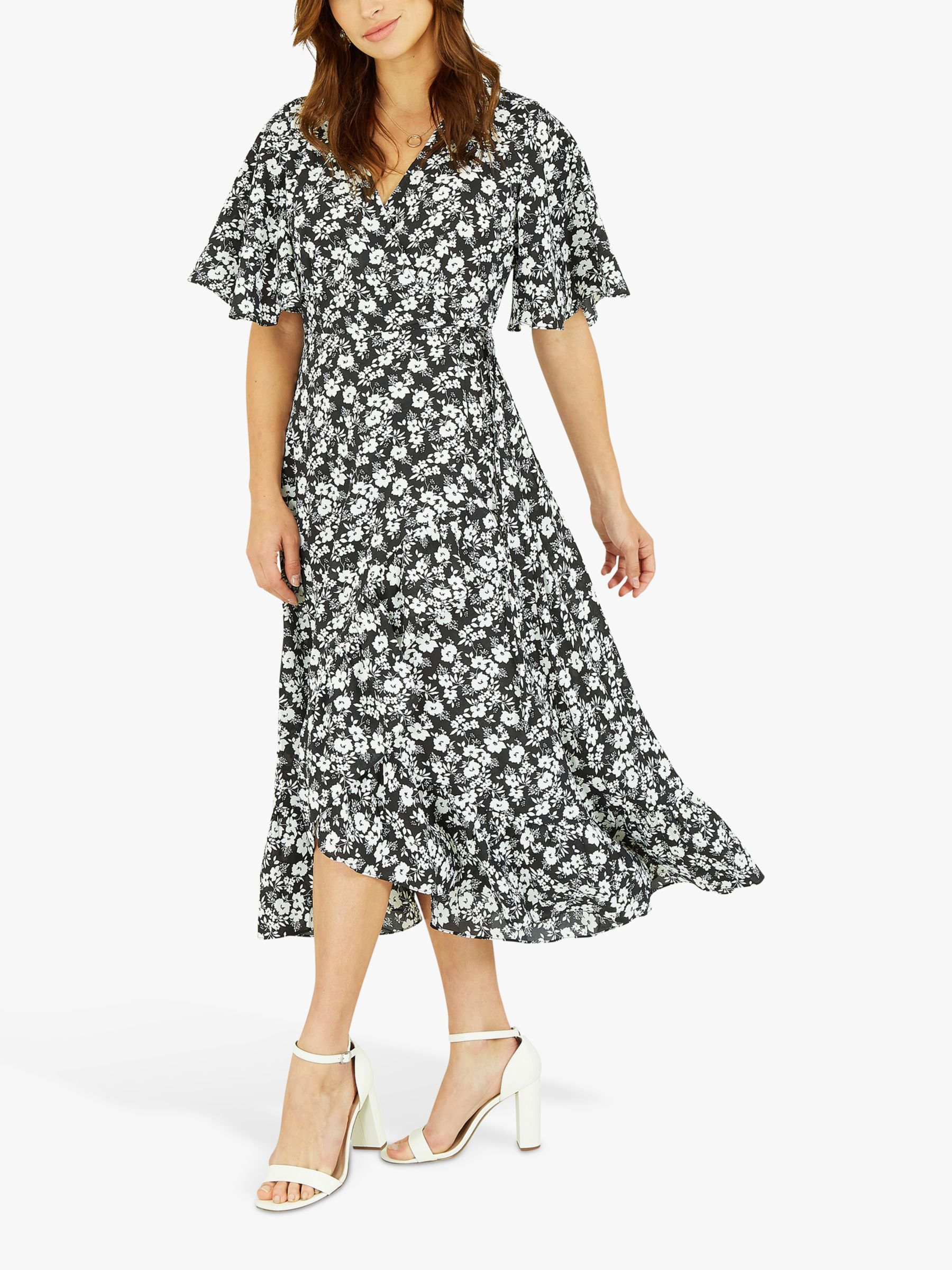 Mela London Ditsy Daisy Print Wrap Effect Frill Midi Dress, Black/Multi ...