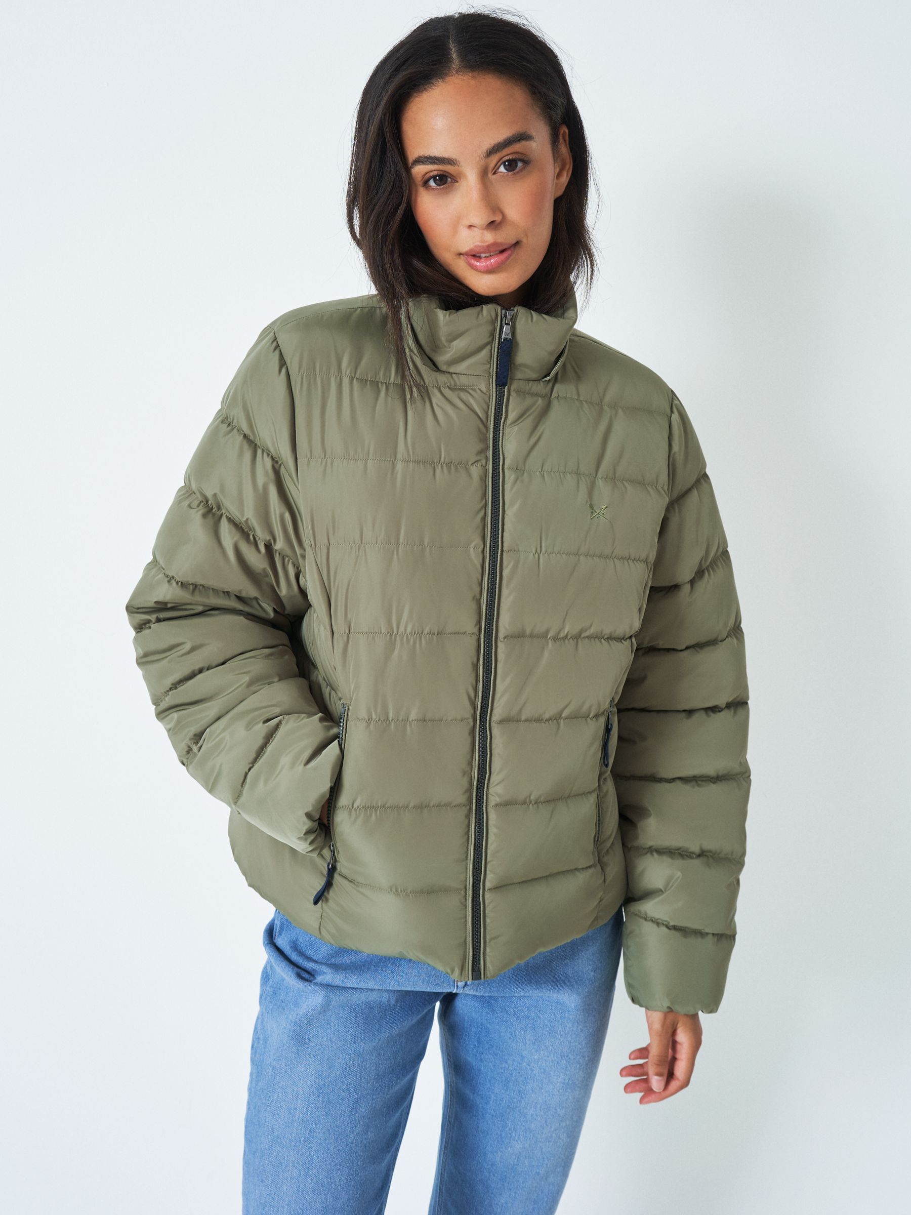 Crew Clothing Faux Fur Hood Lightweight Padded Jacket, Olive Green at ...