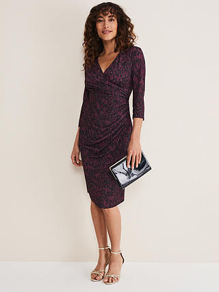 Phase Eight Nieve Leopard Print Dress, Purple/Black