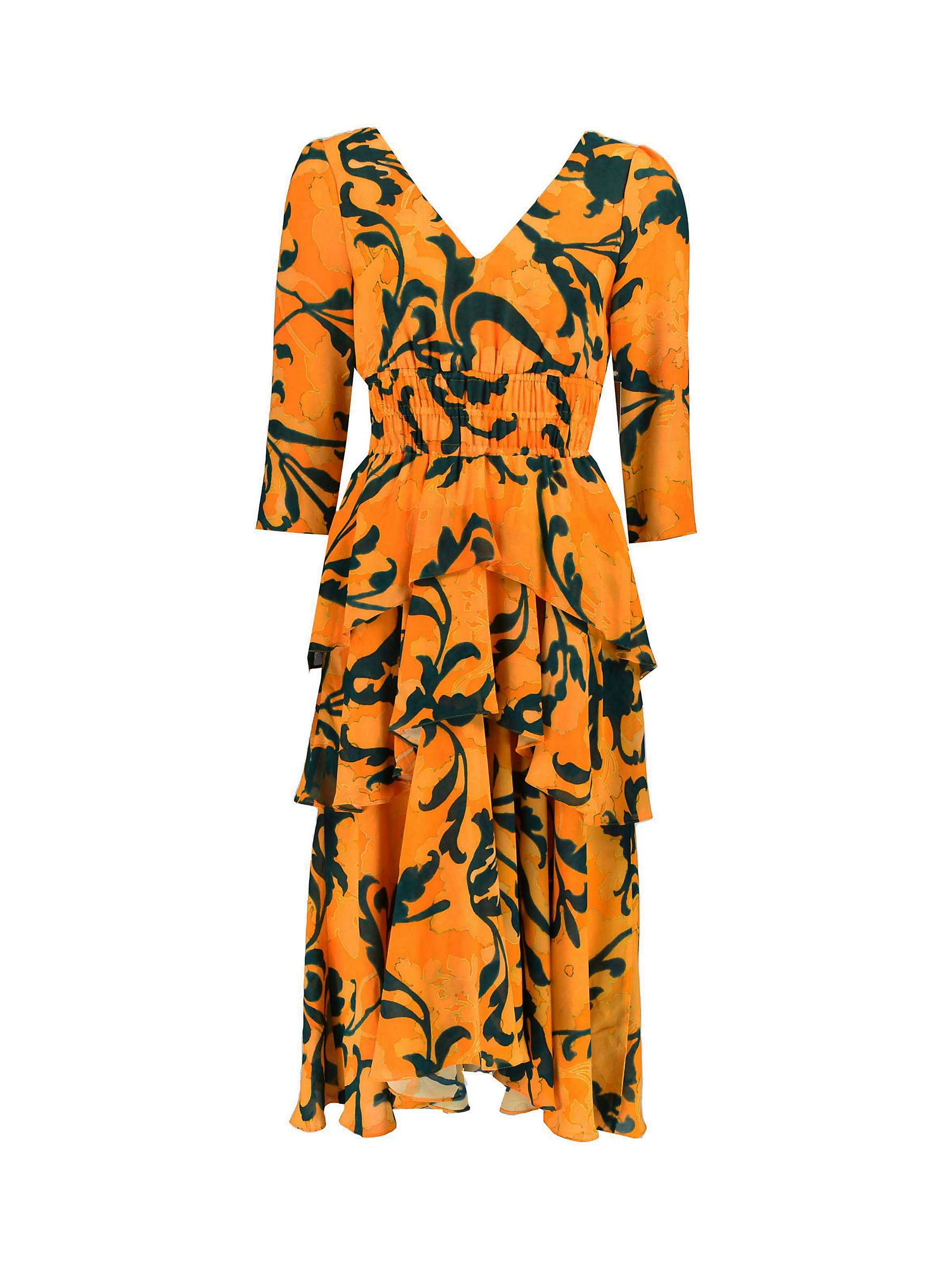 Ro&Zo Swirl Print Tiered Midi Dress, Ochre at John Lewis & Partners