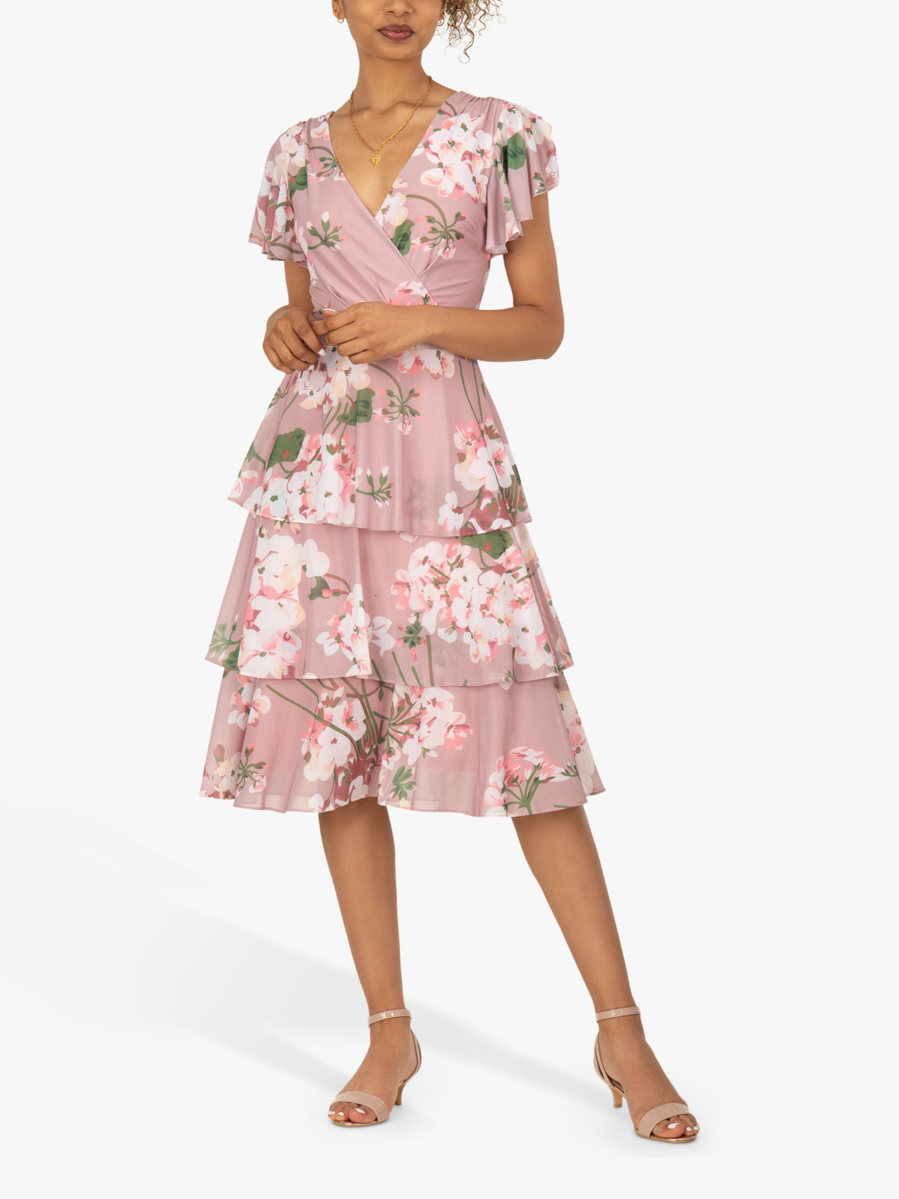 Jolie Moi Gabielle Floral Tiered Dress, Pink/Multi at John Lewis & Partners