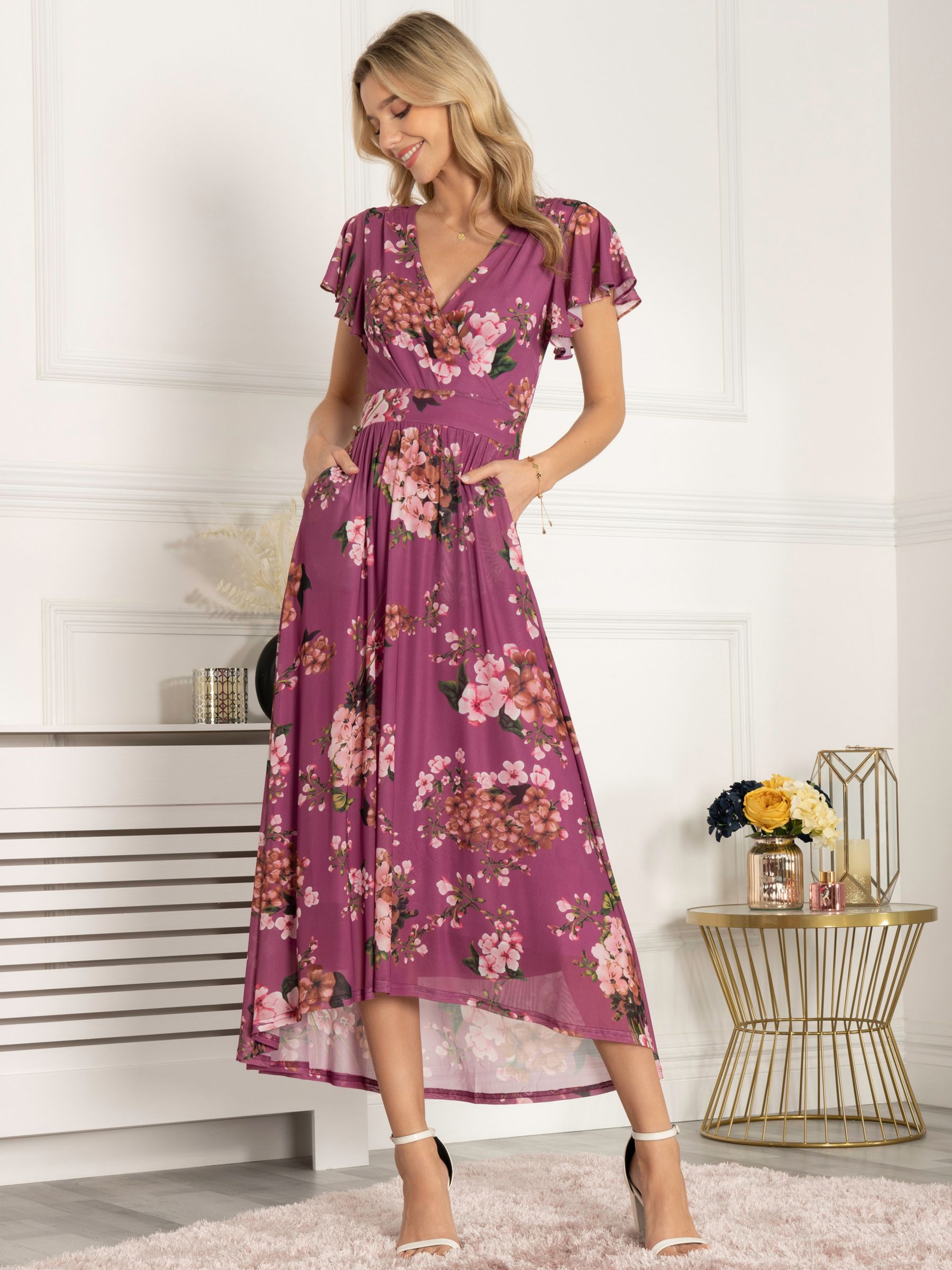 Jolie Moi Eliza Dip Hem Floral Maxi Dress, Purple/Multi, 8