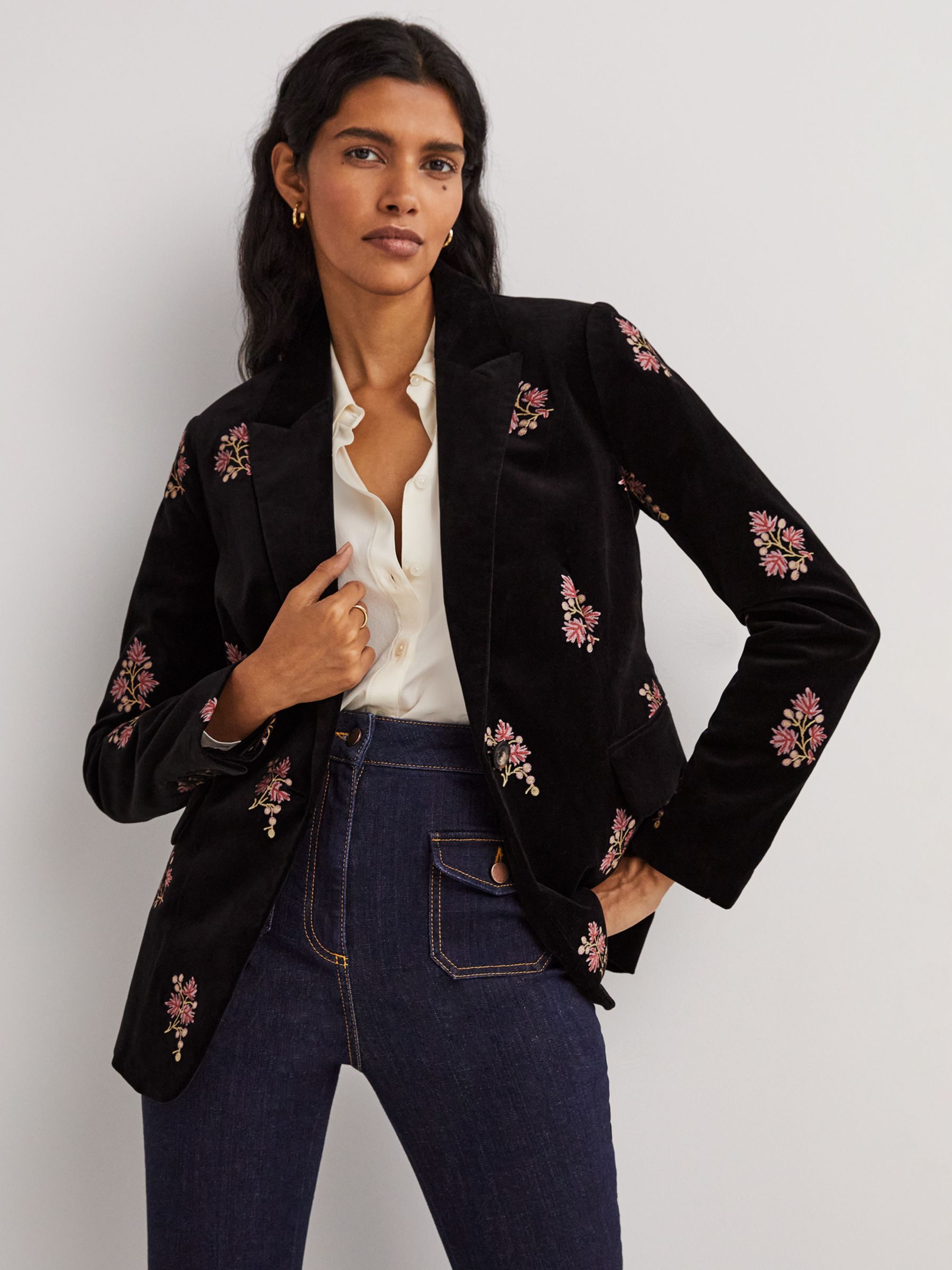 Boden Semi-Fitted Floral Embroidery Tailored Blazer, Black/Multi, 8
