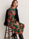 Boden Floral Print Smocked Cuff Midi Dress, Hunter Green/Multi