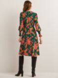 Boden Floral Print Smocked Cuff Midi Dress, Hunter Green/Multi