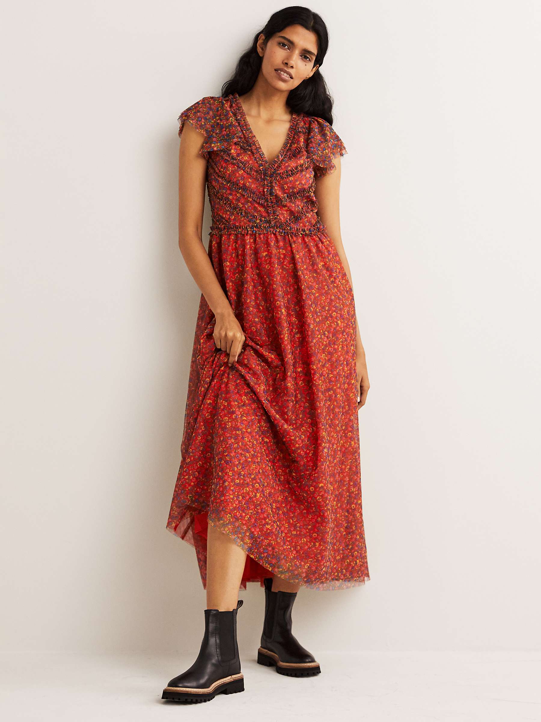 Buy Boden Floral Print V-Neck Tulle Maxi Dress, Rocket Red Online at johnlewis.com
