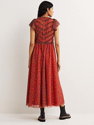 Boden Floral Print V-Neck Tulle Maxi Dress, Rocket Red